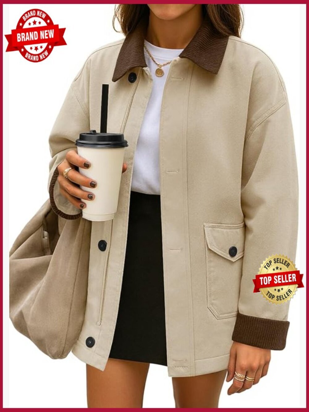 Oversized Barn Jacket Lightweight Cotton Contrast Collar Zip Up Cargo Coat